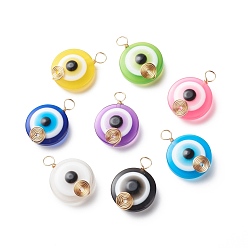 Light Gold Transparent Evil Eye Resin Pendants, with Copper Wire Wrapped, Mixed Color, Flat Round Charm, Light Gold, 27~27.5x20x9mm, Hole: 4~4.5mm