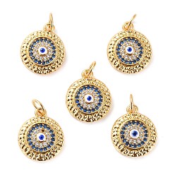 Real 18K Gold Plated Brass Micro Pave Cubic Zirconia Pendants, with Enamel, Long-Lasting Plated, Cadmium Free & Lead Free, Flat Round with Evil Eye, Real 18K Gold Plated, 15x12.5x3.5mm, Hole: 3.6mm