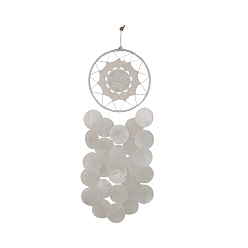 White Woven Net/Web with Shell Wind Chime, Polyester Lace Door Wall Pendant Decoration, White, 500x150mm