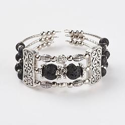 Lava Rock Three Loops Tibetan Style Alloy Wrap Bracelets, with Natural Lava Rock Beads, 2 inch(50mm)