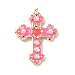 Pink Подвески из латуни с эмалью и имитацией жемчуга из АБС-пластика., крест прелести, долговечный, без кадмия и без свинца, стойки покрытие, реальный 18 k позолоченный, розовые, 31.5x25x4 мм, Перейти кольцо: 5x1 мм, внутренний диаметр: 3 мм