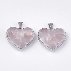 Rose Quartz Natural Rose Quartz Pendants, with Glass and 304 Stainless Steel Findings, Heart, Stainless Steel Color, 19x21x6mm, Hole: 3x5.5mm