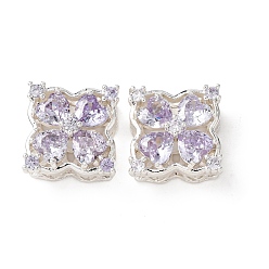 лаванда Латунные фианиты, инкрустированные кубическими циркониями, квадратные с цветочными многорядными звеньями, серебряные, лаванда, 13.5x13.5x6.5 мм, отверстие : 1.8 мм