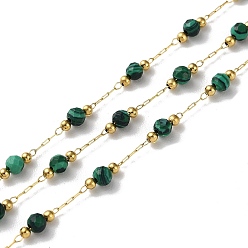 Malachite Ion Plating(IP) Real 18K Gold Plated 316 Stainless Steel Paperclip Chains, with Faceted Round Natural Malachite Beaded, with Spool, Soldered, 3mm