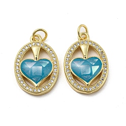 Dark Turquoise Brass Micro Pave Cubic Zirconia Pendants, with Enamel Shell, Oval with Heart, Dark Turquoise, 21x14x4mm