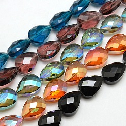 Mixed Color Electroplate Crystal Glass Teardrop Beads Strands, Faceted, Color Plated, Mixed Color, 18x13x9mm, Hole: 1mm, about 40pcs/strand, 28.3 inch