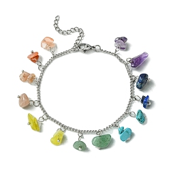 Mixed Stone Chakra Theme Natural & Synthetic Mixed Gemstone Nugget Charm Bracelets, with 304 Stainless Steel Curb Chains, 7-1/2 inch(19cm)