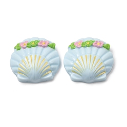 Light Sky Blue Opaque Resin Cabochons, Shell Shape with Flower, Light Sky Blue, 21x22x7mm
