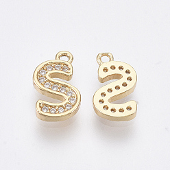 Letter S Brass Cubic Zirconia Charms, Letter, Clear, Real 18K Gold Plated, Letter.S, 11x6x1.5mm, Hole: 1mm
