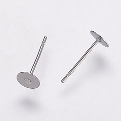 Stainless Steel Color 304 Stainless Steel Stud Earring Settings, Flat Pad Earring Post, Flat Round, Stainless Steel Color, Tray: 5mm, 12x5mm, Pin: 0.7mm