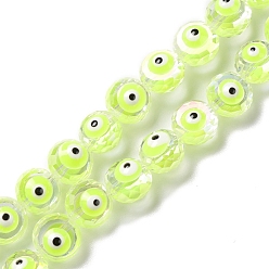 Green Yellow Transparent Evil Eye Glass Beads Strands, with Enamel, Faceted, Flat Round, Green Yellow, 10x8~8.5mm, Hole: 1.4mm, about 40pcs/strand, 14.57''(37cm)