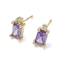 Lilac Brass Micro Pave Clear Cubic Zirconia Stud Earrings, Rectangle, Long-Lasting Plated, Rack Plating, Lead Free & Cadmium Free, Real 18K Gold Plated, Lilac, 9x5mm