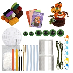 Pumpkin DIY Pot Plant Crochet Kits for Beginners, including Polyester Yarn, Fiberfill, Crochet Needle, Yarn Needle, Support Wire, Stitch Marker, Pumpkin, Package Size: 23x16.8cm