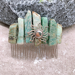 Amazonite Sun Wire Wrapped Natural Amazonite Hair Combs, with Iron Combs, Hair Accessories for Women Girls, 100x100mm