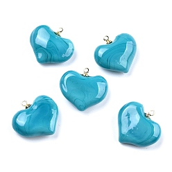 Голубой Подвески лэмпворк ручной работы, с реечной накладкой из латуни с золотистым напылением, долговечный, шарма сердца, голубой, 18.5x17x6.5 мм, отверстие : 1.4 мм