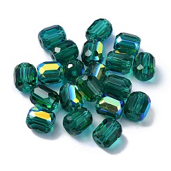 Dark Cyan AB Color Plated Glass Beads, Faceted Barrel, Dark Cyan, 8.5x7.5mm, Hole: 1.4mm