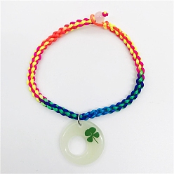 Coin Pattern Luminous Resin with Clover Charm Bracelet, Glow In The Dark Nylon Cord Braided Bracelet for Women, Colorful, Coin Pattern, Pendant: 20mm