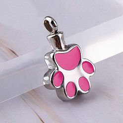 Hot Pink Openable Stainless Steel Memorial Urn Ashes Pendants, with Enamel, Paw Print, Hot Pink, 26.5x16.5mm
