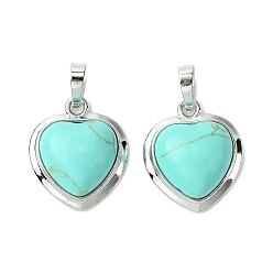 Синтетическая Бирюза Синтетические бирюзовые подвески, подвески-сердечки со стойкой, фурнитура из латуни с платиновым покрытием, без кадмия и без свинца, без кадмия и без свинца, 23x19.5x8~9 мм, отверстие : 7x5 мм