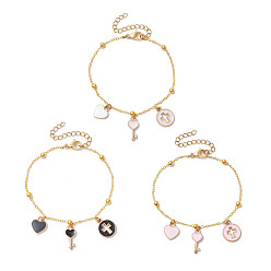 (52) Непрозрачная лаванда 3шт 3 цвета латунные плоские овальные кабельные цепные браслеты, сплав эмали подвески браслеты с подвесками для женщин, сердце и ключ и плоский круг с крестом, разноцветные, 7-1/8 дюйм (18.1 см)