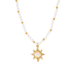 Golden Stainless Steel Pendant Necklaces, Sun Charm Necklace for Women, Beaded Necklace, Golden, 15-3/4 inch(40cm)