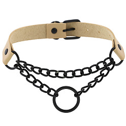 (Black circle) milk white Dark Punk Leather Collar Necklace with Round Rings and Chain for Street Style