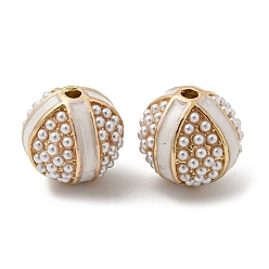 White Alloy Enamel Beads, with ABS Plastic Imitation Pearl, Round, Golden, White, 13mm, Hole: 2mm