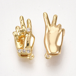 Real 18K Gold Plated Brass Charms, with Cubic Zirconia, Hand, Clear, Nickel Free, Real 18K Gold Plated, 13x6x4mm, Hole: 0.6mm