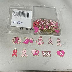 Hot Pink 50Pcs 10 Styles Alloy Enamel Pendants, October Breast Cancer Pink Awareness Ribbon, Golden, Hot Pink, 14.5~27x9.5~20x1~2mm, Hole: 1.5~2mm, 5pcs/style 