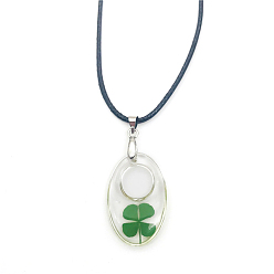 Oval Resin with Clover Pendant Necklace with Waxed Cotton Cord for Women, Oval Pattern, Pendant: 10~35mm