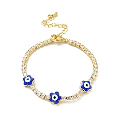 Medium Blue Flower with Evil Eye Enamel Link Bracelet with Clear Cubic Zirconia Tennis Chains, Gold Plated Brass Jewelry for Women, Cadmium Free & Lead Free, Medium Blue, 6-7/8 inch(17.5cm)