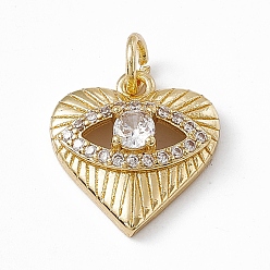 Clear Rack Plating Brass Cubic Zirconia Pendants, Heart with Eye Charm, with Jump Ring, Long-Lasting Plated, Golden, Lead Free & Cadmium Free, Clear, 18x16.5x6mm, Hole: 4mm