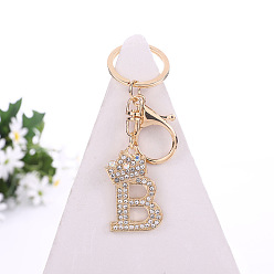 Letter B Crystal Rhinestone Initial Letter with Crown Pendant Keychains, with Light Gold Alloy Findings, Letter.B, 10~10.5cm, alphabet: 40~46x20~45mm