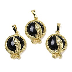 Обсидиан Латунные подвески из натурального обсидиана плоской круглой формы, стойки покрытие, без кадмия и без свинца, золотые, 29.5x21.5x9.5~11 мм, отверстие : 7.5x4.5 мм
