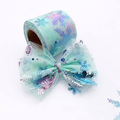 Turquoise 25 Yards Christmas Polyester Deco Mesh Ribbon, Hot Stamping Snowflake Tulle Fabric, for Bowknot Making, Turquoise, 60mm