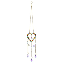 Heart Colorful Glass Beaded Woven Net Suncatchers, Hanging Pendant Decorations with Golden Metal Finding, Heart, 270mm