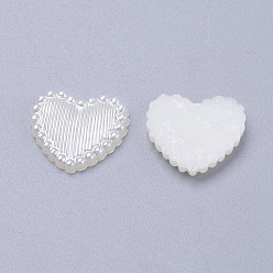 White Acrylic Pearl Cabochons, Dyed, Heart, White, 13.5x14x2mm
