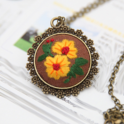 Gold DIY Embroidery Flower Pendant Necklace Making Kit, Including Alloy Cable Chains & Pendant Cabochon Settings, Needle Pin, Cotton Thread, Plastic Embroidery Hoops, Gold, 920mm
