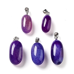 Indigo Natural Agate Dyed Pendants, Oval Charms with Stainless Steel Color Plated Stainless Steel Snap on Bails, Indigo, 21~32x9.5~16.5x10.5x7.5~12.5mm, Hole: 6x3mm