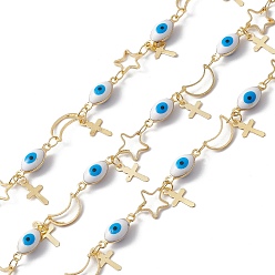 Deep Sky Blue Enamel Horse Eye & Star & Moon Link Chains, with Brass Cross Chamrs, Real 18K Gold Plated, Soldered, with Spools, Deep Sky Blue, 13x5x4.5mm, 8.5x8.5x0.8mm, 10x6x0.8mm