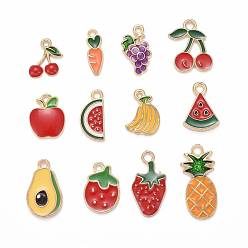 Mixed Color 72Pcs 12 Styles Light Gold Plated Alloy Enamel Pendants, Lead Free & Cadmium Free, Pear & Strawberry & Watermelon Slice & Banana & Pineapple & Cherry & Grape & Carrot & Apple Shape, Mixed Color, 19x11x2mm, Hole: 1.6mm, 6Pcs/Style
