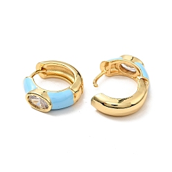 Light Sky Blue Clear Cubic Zirconia Oval Thick Hoop Earrings with Enamel, Real 18K Gold Plated Brass Jewelry for Women, Light Sky Blue, 15x16x5mm, Pin: 0.8mm