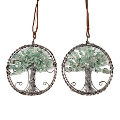Зеленый Авантюрин Подвесные украшения из латуни и натурального зеленого авантюрина, плоский круглый с подвесными украшениями в виде дерева жизни, 390~400 мм