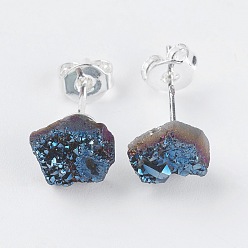 Blue Plated Brass Ear Stud Components, with Natural Druzy Agate, Nuggets, Silver Color Plated, Blue Plated, 6~9x5~8.5x3~7mm, Pin: 0.7mm