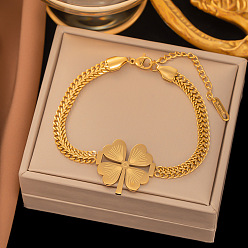 Clover Titanium Steel Link Bracelets with Mesh Chains, Golden, Clover, 6-1/4 inch(16cm)
