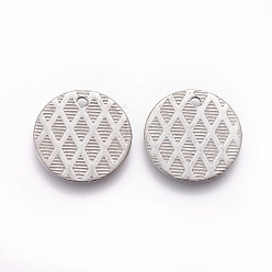 Stainless Steel Color 304 Stainless Steel Charms, Textured, Flat Round with Grid Pattern, Stainless Steel Color, 15x1mm, Hole: 1.2mm