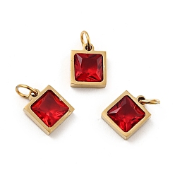 Red Vacuum Plating 304 Stainless Steel Pendants, with Cubic Zirconia and Jump Rings, Single Stone Charms, Square, Golden, Red, 9.5x8x3.5mm, Hole: 3.4mm