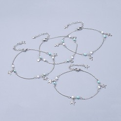 Stainless Steel Color 304 Stainless Steel Charm Anklets, with Synthetic Turquoise Beads and Glass Pearl, Mixed Shapes, Stainless Steel Color, 9-5/8 inch(24.5cm)