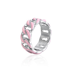 Pink Titanium Steel with Enamel Hollow Curb Chains Finger Ring, Pink, US Size 8(18.1mm)