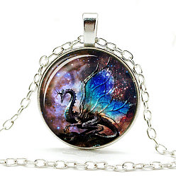 Blue Dragon Theme Glass Round Pendant Necklace with Alloy Chains, Blue, 20.47 inch(52cm)